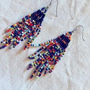 Vintage beaded fringe earrings. Rainbow colored.